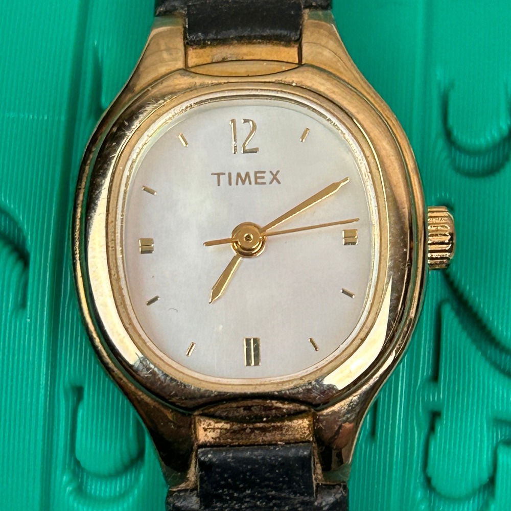 Timex Gold‎ Tone Rectangular Face Black Leather Band Womens Watch